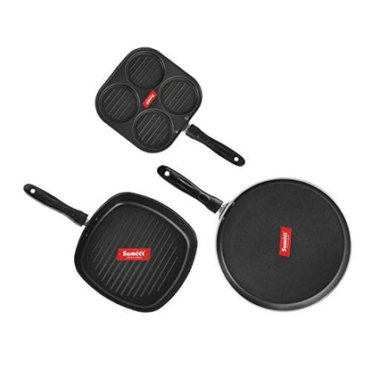 Sumeet 2.6mm Thick Non-Stick Redson Combo Set (Dosa Tawa – 26.5cm Dia + Multi Snack Maker – 26.5cm Dia + Grill Pan – 1.1Ltr Capacity – 22cm Dia)