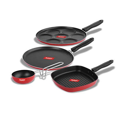 Sumeet 2.6mm Thick Non-Stick Qeso Cookware Set (Dosa Tawa – 26.5cm Dia + Multi Snack Maker – 26.5cm Dia + Grill Pan – 1.1Ltr Capacity – 22cm Dia + Tadka Pan – 10cm Dia)