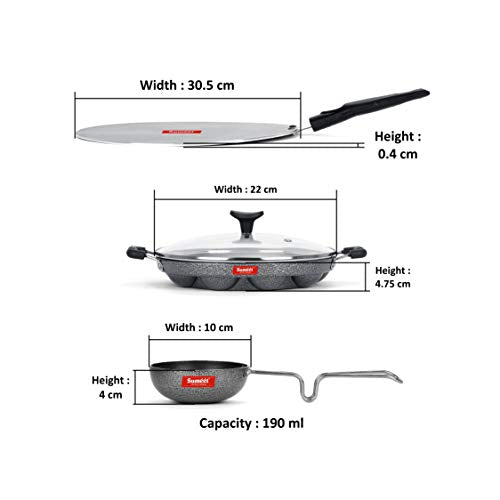 Sumeet NonStick Gris Cookware Set (Flat Tawa - 30.5cm Dia + Grill Appam Patra with Glass Lid - 12 Cavity - 22cm Dia + Waghariya/Tadka pan - 190Ml - 10Cm Dia)