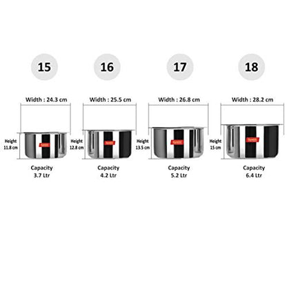 Sumeet 4 Pcs Large Size Stainless Steel Induction & Gas Stove Friendly Container Set/Tope/Cookware Set with Lids - Size No.15 to No.18 - Capacity -3.7 LTR to 6.4 LTR