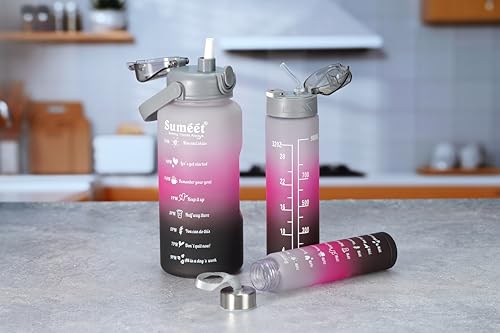 Sumeet Leak Proof Motivational/Inspire-Hydrate Water Bottle combo with Straw & Time Marker for Office/School/College/Gym/Picnic/Out Door Sports - 300ml, 700ml & 1850ml Set of 3, Grey