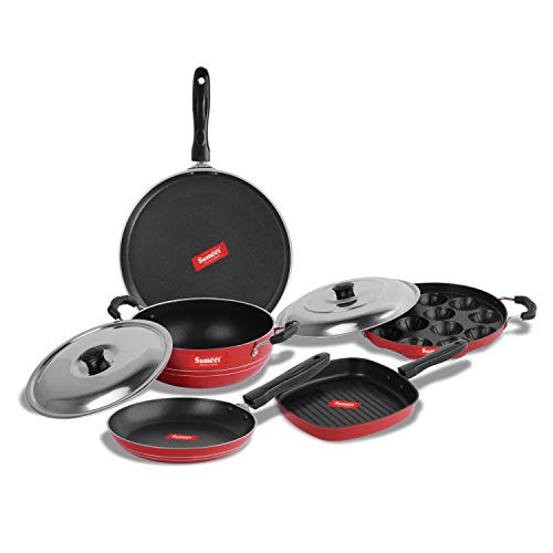 Sumeet 2.6mm Thick Non-Stick Red Spark Cookware Set (Dosa Tawa – 26.5cm Dia + Kadhai with Lid – 1.5Ltr + Grill Appam Patra with Lid – 23cm Dia + Grill Pan – 1.1Ltr + Tapper pan – 20cm Dia)