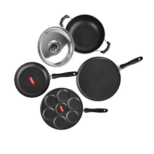 Sumeet 2.6mm Thick Non-Stick Rossu Cookware Set (Dosa Tawa – 26.5cm Dia + Multi Snack Maker – 26.5cm Dia + Kadhai with Lid – 1.5Ltr Capacity- 20cm Dia + Tapper pan – 20cm Dia)