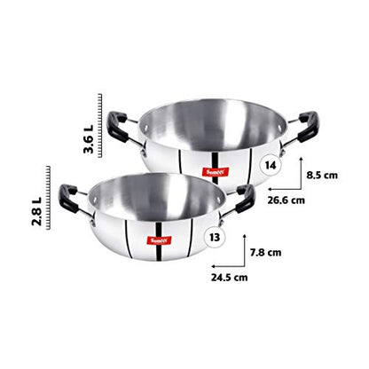 Sumeet 3mm Induction Bottom Aluminium Kadai Set of 2Pcs (2.8Ltr, 3.6Ltr)