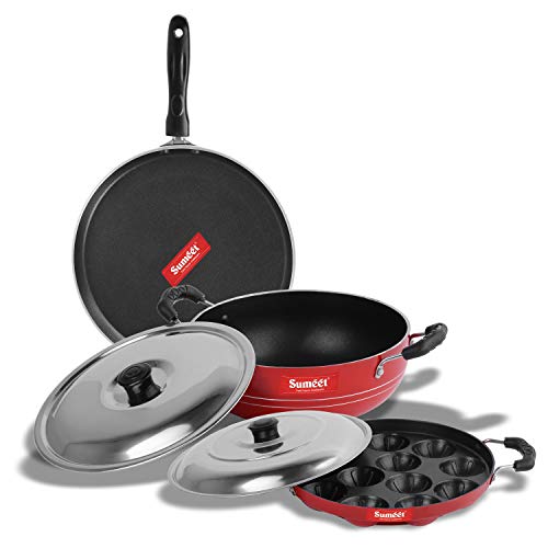 Sumeet 2.6mm Thick Non-Stick Red Crown Combo Set (Dosa Tawa – 26.5cm Dia + Kadhai with Lid – 1.5Ltr Capacity- 20cm Dia + Grill Appam Patra with Lid – 23cm Dia)