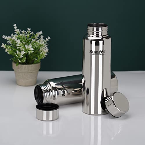 Sumeet Stainless Steel Jointless Akhand Leak-Proof Water Bottle / Fridge Bottle - 800ML Pack of 2, Silver