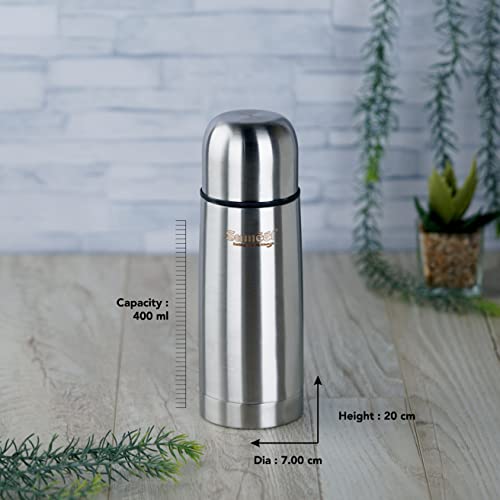 Sumeet Stainless Steel Double Walled Flask / Water Bottle, with Flip Lid, 24 Hours Hot and Cold, 400 ml, Silver