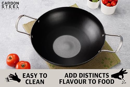 Sumeet Super Smooth Pre Seasoned Carbon Steel (Iron) Deep Kadai for Cooking and Deep Frying|Naturally Nonstick |29.6cm | 3500ml, Gas & Induction-Friendly, Black