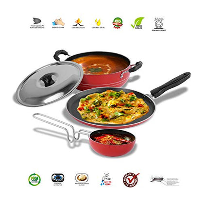 Sumeet 2.6mm Thick Non-Stick Harkin Combo Set (Dosa Tawa – 26.5cm Dia + Kadhai with Lid – 1.5Ltr Capacity- 20cm Dia + Tadka Pan – 10cm Dia)