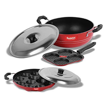 Sumeet 2.6mm Thick Non-Stick Red Star Combo Set (Mini Multi Snack Maker – 19.5cm Dia + Kadhai with Lid – 1.5Ltr Capacity- 20cm Dia + Grill Appam Patra with Lid – 23cm Dia)