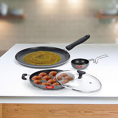 Sumeet NonStick Hall Cookware Set (Dosa Tawa - 26.5Cm Dia + Grill Appam Patra with Glass Lid - 12 Cavity - 22cm Dia + Waghariya/Tadka pan - 190Ml - 10Cm Dia)