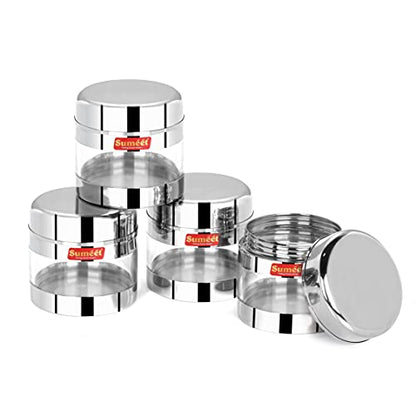 Sumeet Stainless Steel Circular See Through/Transparent Container, Set of 4Pc, 300 Ml Each, 8.5cm Dia - Silver