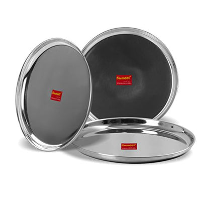 Sumeet Stainless Steel Heavy Gauge Dinner Plates with Mirror Finish - Set of 3pc