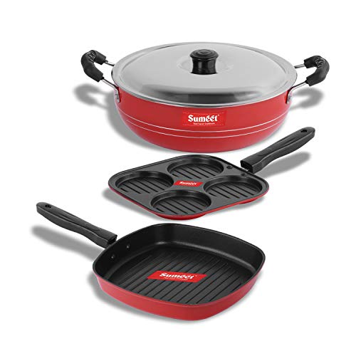 Sumeet 2.6mm Thick Non-Stick Rowan Combo Set (Mini Multi Snack Maker – 19.5cm Dia + Kadhai with Lid – 1.5Ltr Capacity- 20cm Dia + Grill Pan – 1.1Ltr Capacity – 22cm Dia)