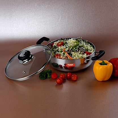 Sumeet 3mm Induction Bottom Aluminium Kadai with Glass Lid ( Silver, 2.3Ltr, 22.2cm).