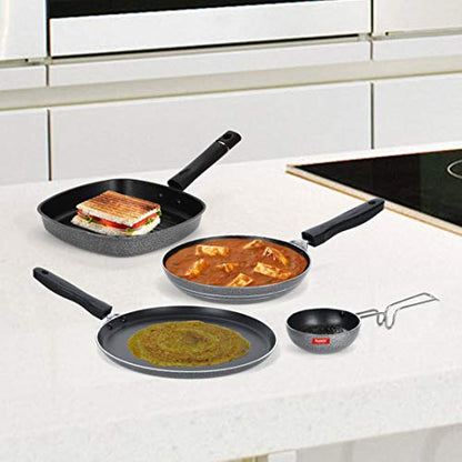 Sumeet NonStick Beltza Cookware Set (Dosa Tawa - 26.5Cm Dia + Grill Pan-22cm Dia + Tapper pan - 0.6Ltr - 20Cm Dia + Waghariya/Tadka pan - 190Ml - 10Cm Dia)