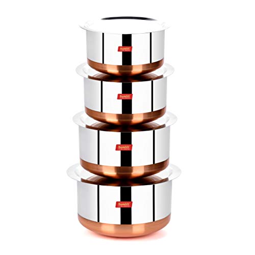 Sumeet Stainless Steel Copper Bottom 4Pc Big Size Tope Set with Lid (3.850L, 4.70L, 5.7Ltr, 6.7Ltr)