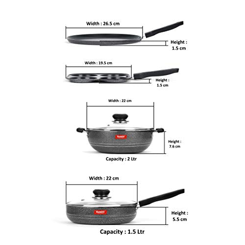 Sumeet NonStick Crno Cookware Set (Dosa Tawa - 26.5Cm Dia + Mini Multi Snack Maker - 4 Cavity -19.5cm + Kadhai with Glass Lid -2Ltr - 22Cm Dia + Frypan - 1.5Ltr - 22Cm Dia)