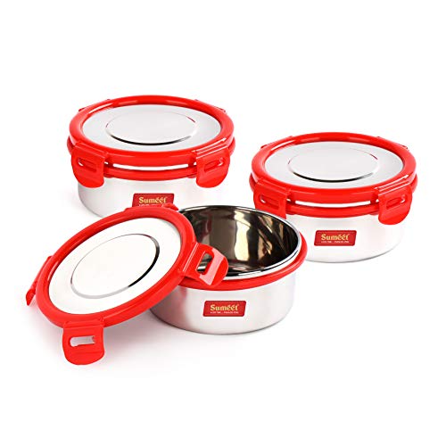 Sumeet Airtight & Leak Proof Steelexo S.S. Container/Lunch Box with Stainless Steel Lid Set of 3Pcs (460Ml Each)