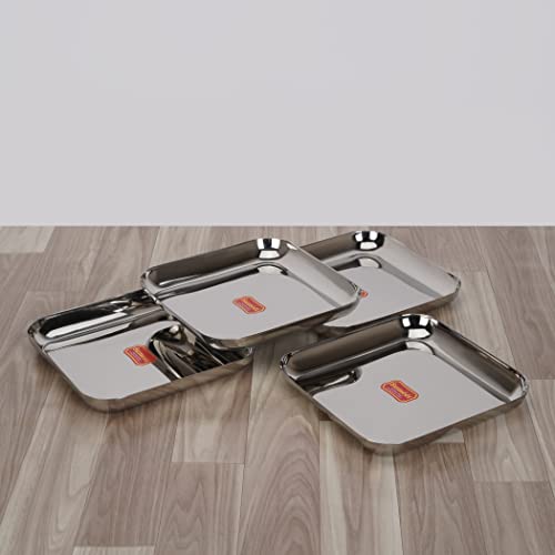 Sumeet Stainless Steel Medium Square Shape Plate/Snacks Plate/Breakfast Plate Set of 4pcs, 22.5cm Dia, Silver