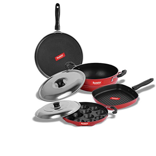 Sumeet 2.6mm Thick Non-Stick Rooi Cookware Set (Dosa Tawa – 26.5cm Dia + Kadhai with Lid – 1.5Ltr Capacity- 20cm Dia + Grill Appam Patra with Lid – 23cm Dia + Grill Pan – 1.1Ltr Capacity – 22cm Dia)