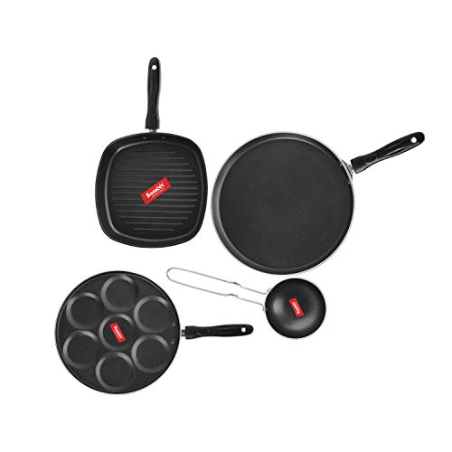 Sumeet 2.6mm Thick Non-Stick Qeso Cookware Set (Dosa Tawa – 26.5cm Dia + Multi Snack Maker – 26.5cm Dia + Grill Pan – 1.1Ltr Capacity – 22cm Dia + Tadka Pan – 10cm Dia)