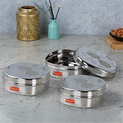 Sumeet Stainless Steel Designer Square Storage containers Box/Dabba for Kitchen, Set of 3Pcs, 600ml, 13.5cm Dia, Silver