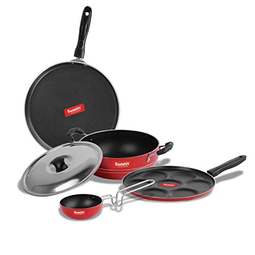 Sumeet 2.6mm Thick Non-Stick Ronga Cookware Set (Dosa Tawa – 26.5cm Dia + Multi Snack Maker – 26.5cm Dia + Kadhai with Lid – 1.5Ltr Capacity- 20cm Dia + Tadka Pan – 10cm Dia)