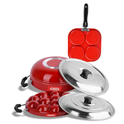 Sumeet 2.6mm Thick Non-Stick Red Star Combo Set (Mini Multi Snack Maker – 19.5cm Dia + Kadhai with Lid – 1.5Ltr Capacity- 20cm Dia + Grill Appam Patra with Lid – 23cm Dia)