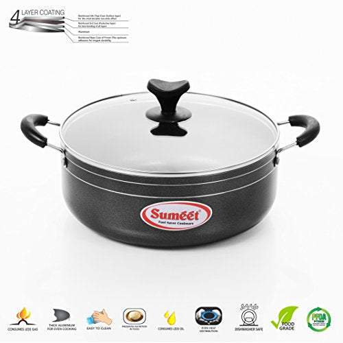 Sumeet 2.6mm Nonstick Casserole with Glass Lid No. -14 24.5cm Dia 3.5 LTR Capacity