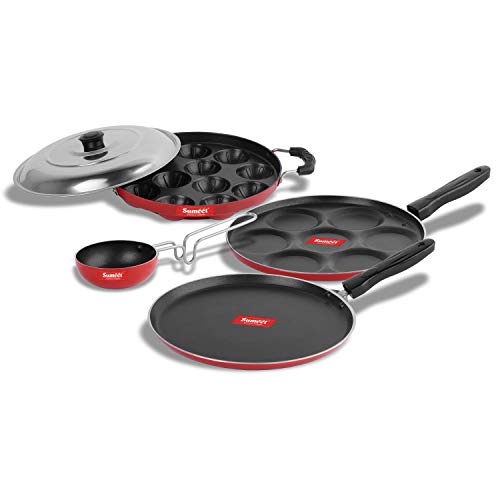 Sumeet 2.6mm Thick Non-Stick Rouge Cookware Set (Dosa Tawa – 26.5cm Dia + Multi Snack Maker – 26.5cm Dia + Grill Appam Patra with Lid – 23cm Dia + Tadka Pan – 10cm Dia)