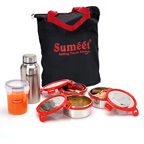 Sumeet Lunch Bag with 3 Stainless Steel Containers 400ML Each, 1 Water Bottle - 600ML, and 1 Tumbler - 350ML, Set of 6.