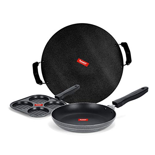 Sumeet NonStick Grizaj Cookware Set (Tawa-30.5cm Dia + Mini Multi Snack Maker - 4 Cavity -19.5cm + Tapper pan - 0.6Ltr - 20Cm Dia)