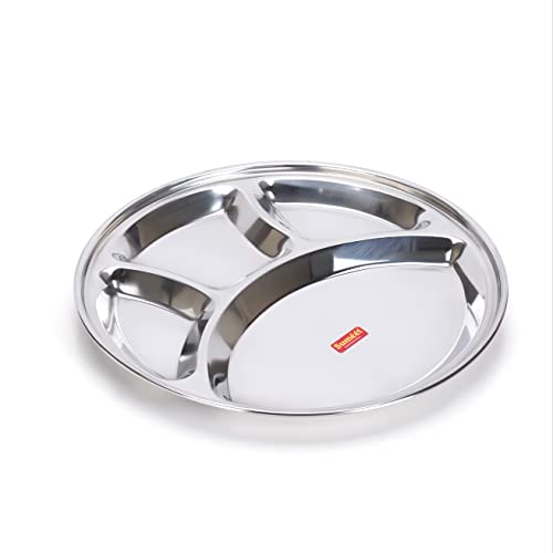 Sumeet Stainless Steel Round 4 in 1 Compartment Lunch / Dinner Plate 1Pc, 32.5cm Dia, Silver