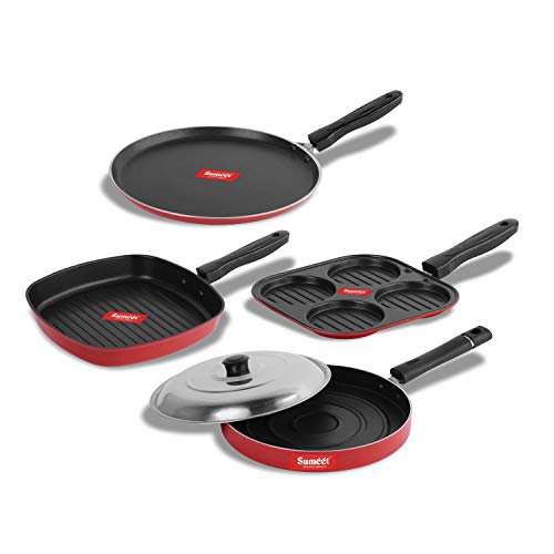 Sumeet 2.6mm Thick Non-Stick Vermell Cookware Set (Dosa Tawa – 26.5cm Dia + Mini Multi Snack Maker – 19.5cm Dia + Grill Pan – 1.1Ltr Capacity – 22cm Dia + Pizza Pan – 23cm Dia)