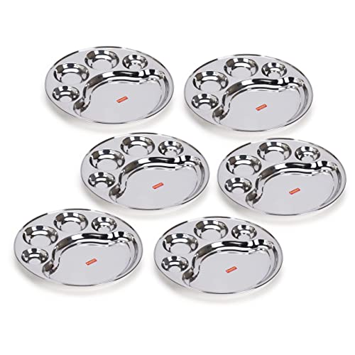 Sumeet Stainless Steel Round 5 in 1 Compartment Lunch / Dinner Plate Set of 6Pcs, 34cm Dia, Silver