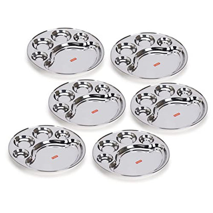 Sumeet Stainless Steel Round 5 in 1 Compartment Lunch / Dinner Plate Set of 6Pcs, 31cm Dia, Silver