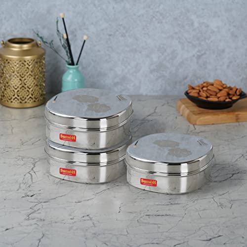 Sumeet Stainless Steel Designer Square Storage containers Box/Dabba for Kitchen, Set of 3Pcs, 600ml, 13.5cm Dia, Silver