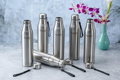 Sumeet Alpha-Aqua Stainless Steel Leak Proof Water Bottle Office/School/College/Gym/Picnic/Home/Fridge - 1 Litre |Pack of 6| Silver