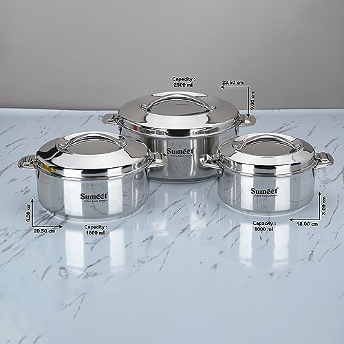 Sumeet Smart Serve Stainless Steel Double Wall Insulated Small Hot Pot/Hot Meal Box/Casserole Combo of 3Pc, 1L, 1.5L & 2.5L, Silver