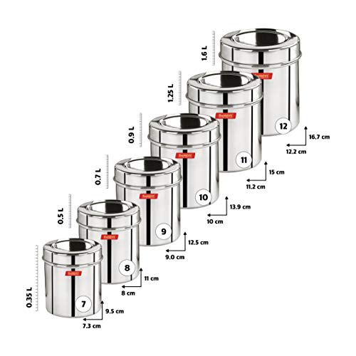 Sumeet Stainless Steel Vertical Canisters/Ubha Dabba/Storage Containers Set of 6Pcs (350ML, 500ML, 700ML, 900ML, 1.25Ltr, 1.6Ltr)