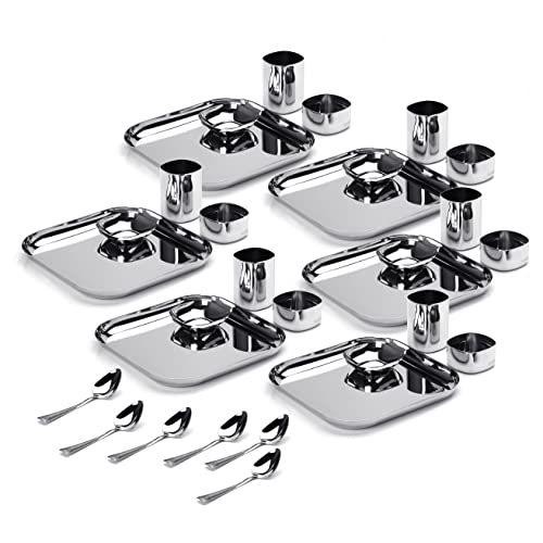 Sumeet Square Stainless Steel Heavy Gauge Mirror Finish Dinner Set of 30 Pc (6 Plate, 6 Halwa Plate, 6 Bowl , 6 Glass, 6 Spoon)