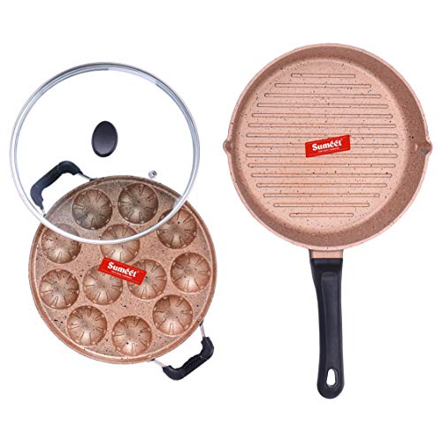 Sumeet Nonstick Granite Finish INOVA Combo Set (Grill Appam Patra with Glass Lid - 12 Cavity - 23cm Dia + Round Grill Pan 25.5cm Dia)