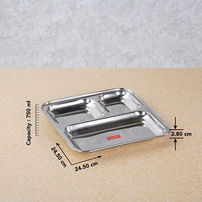 Sumeet Stainless Steel 3 in 1 Idli WADA Compartment Plate / Snack Plate / Breakfast Plate Set of 6Pcs, 24.5cm Dia, Silver