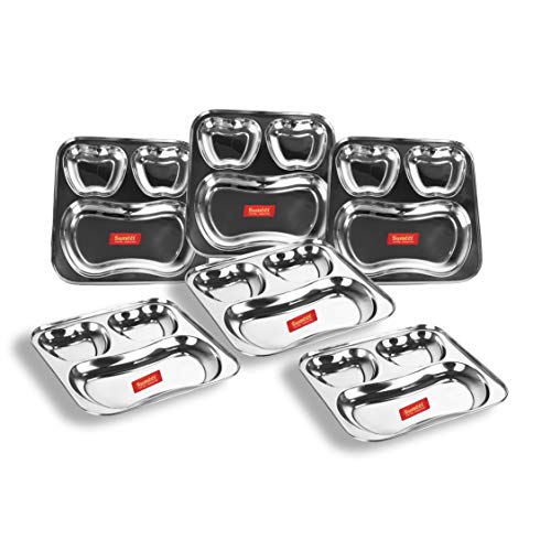 Sumeet Stainless Steel 3 in 1 Pav Bhaji Plate/Compartment Plate 24.5cm Dia - Set of 6pc