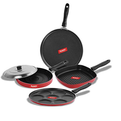 Sumeet 2.6mm Thick Non-Stick Reid Cookware Set (Dosa Tawa – 26.5cm Dia + Multi Snack Maker – 26.5cm Dia + Grill Pan – 1.1Ltr Capacity – 22cm Dia + Pizza Pan – 23cm Dia)