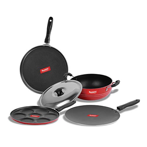 Sumeet 2.6mm Thick Non-Stick Pupa Cookware Set (Dosa Tawa – 26.5cm Dia + Multi Snack Maker – 26.5cm Dia + Kadhai with Lid – 1.5Ltr Capacity- 20cm Dia + Concave Tawa – 28cm Dia)