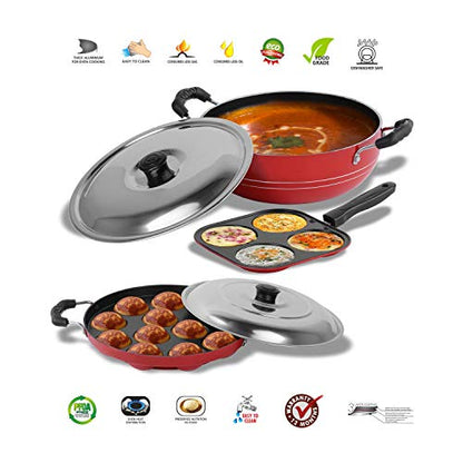 Sumeet 2.6mm Thick Non-Stick Red Star Combo Set (Mini Multi Snack Maker – 19.5cm Dia + Kadhai with Lid – 1.5Ltr Capacity- 20cm Dia + Grill Appam Patra with Lid – 23cm Dia)