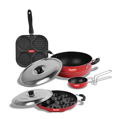 Sumeet 2.6mm Thick Non-Stick RUA Cookware Set (Mini Multi Snack Maker – 19.5cm Dia + Kadhai with Lid – 1.5Ltr + Grill Appam Patra with Lid – 23cm Dia + Tadka Pan - 10cm Dia