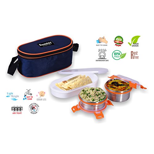 Sumeet Smart Tiffin with 2 Airtight & Leak Proof Stainless Steel OMG Containers + 1 Plastic Container + Insulated Pouch